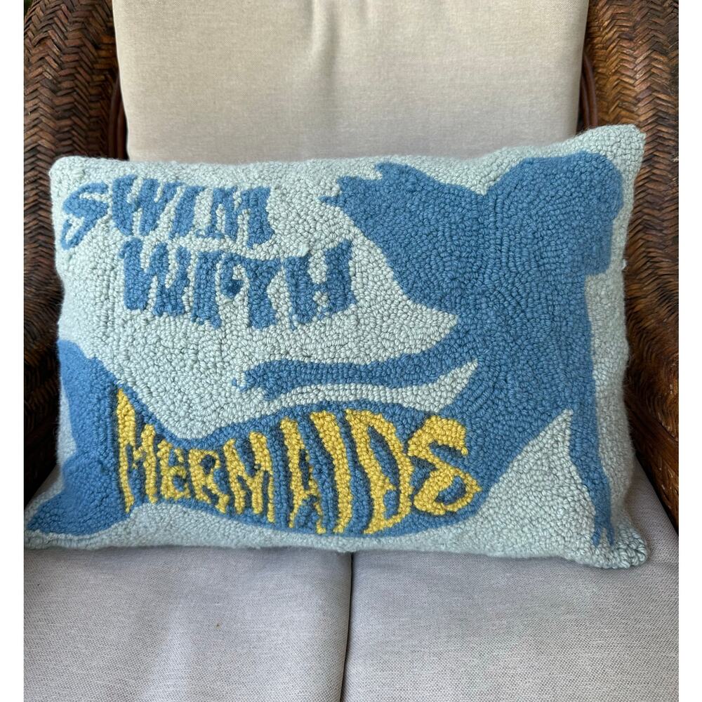 Coastal hand-hooked wool throw pillow “Swim With Mermaids" blue nautical summer